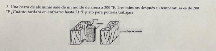 3. Una barra de aluminio sale de un molde de arena a \( 300^{\circ} \mathrm{F} \). Tres minutos despues su temperatura es de