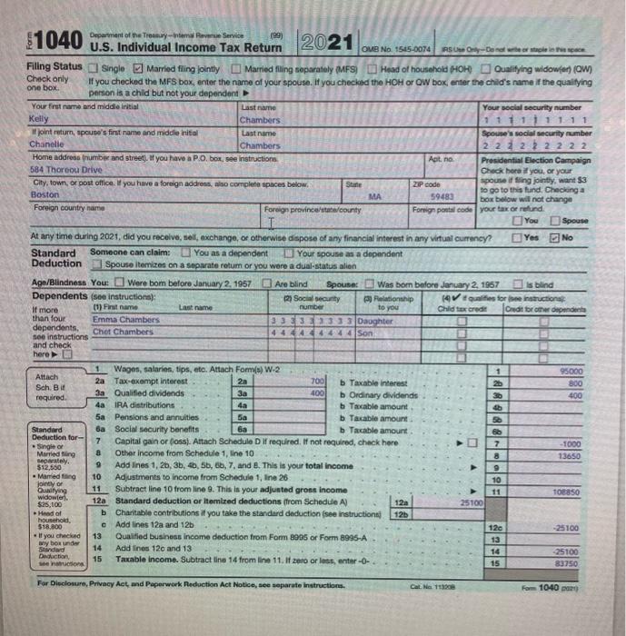 U.S. Individual Income Tax Return ∣2021 oue No | Chegg.com