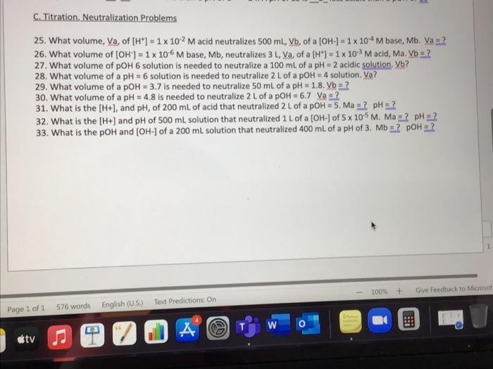 Solved C. Titration, Neutralization Problems 25. What