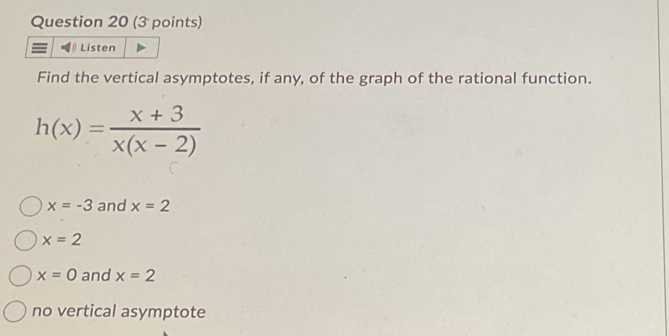 Solved Question 20 (3 ﻿points)Find the vertical asymptotes, | Chegg.com