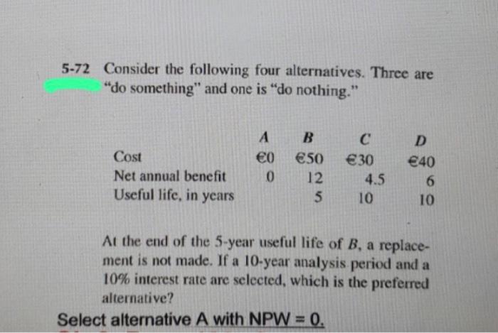 Solved 5-72 Consider the following four alternatives. Three | Chegg.com