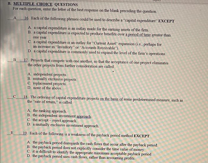 Solved B B. MULTIPLE CHOICE QUESTIONS For each question, | Chegg.com