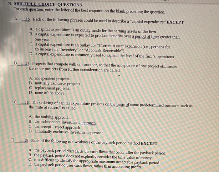 Solved B B. MULTIPLE CHOICE QUESTIONS For Each Question, | Chegg.com