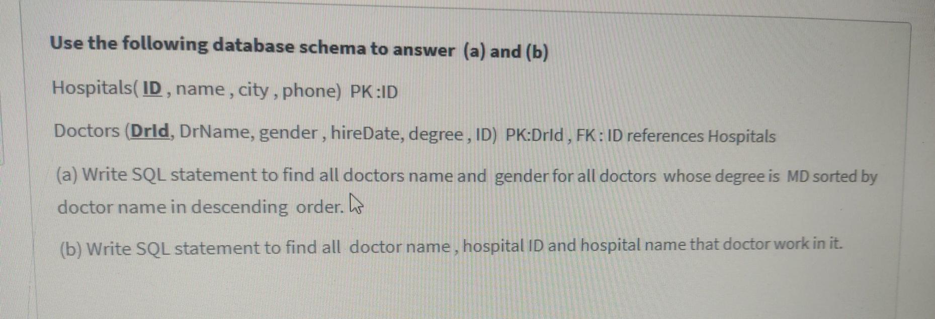Solved Use the following database schema to answer (a) and | Chegg.com