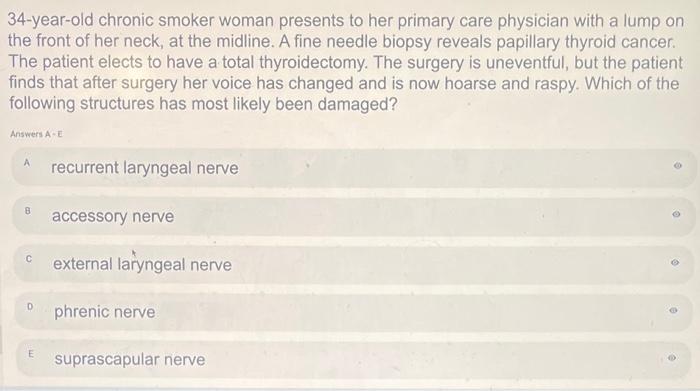 34-year-old chronic smoker woman presents to her primary care physician with a lump on the front of her neck, at the midline.