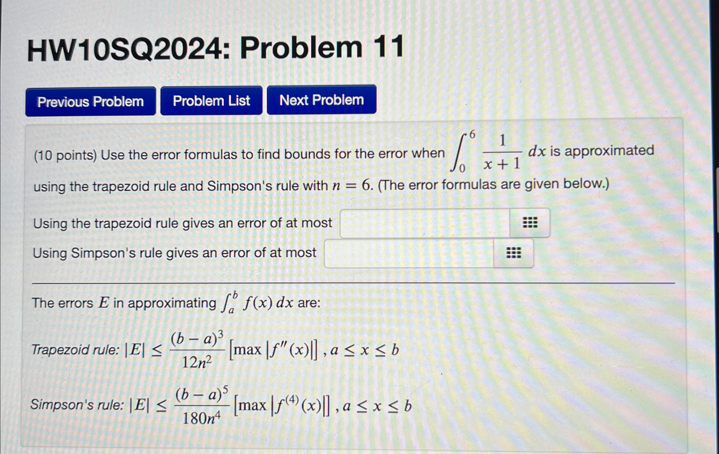 Solved HW10SQ2024: Problem 11(10 ﻿points) ﻿Use the error | Chegg.com