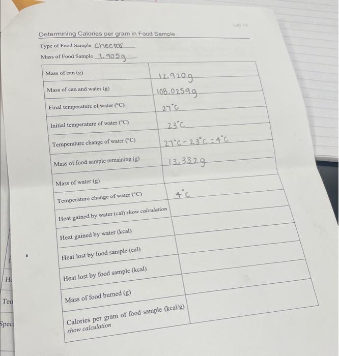 Solved Determining Calories Per Gram In Food Sample Type Of Chegg