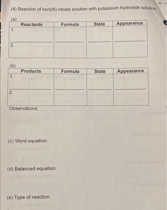 Solved (4) Reaction of iron(III) nitrate solution with