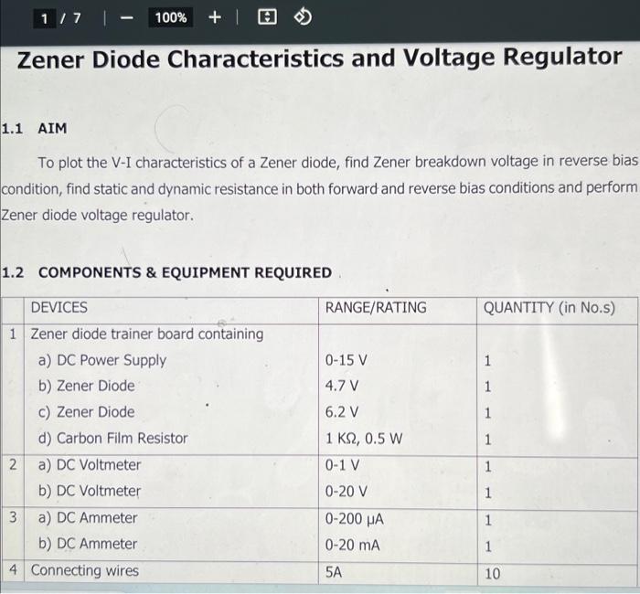 Solved Zener Diode Characteristics and Voltage Regulator 1.1 | Chegg.com