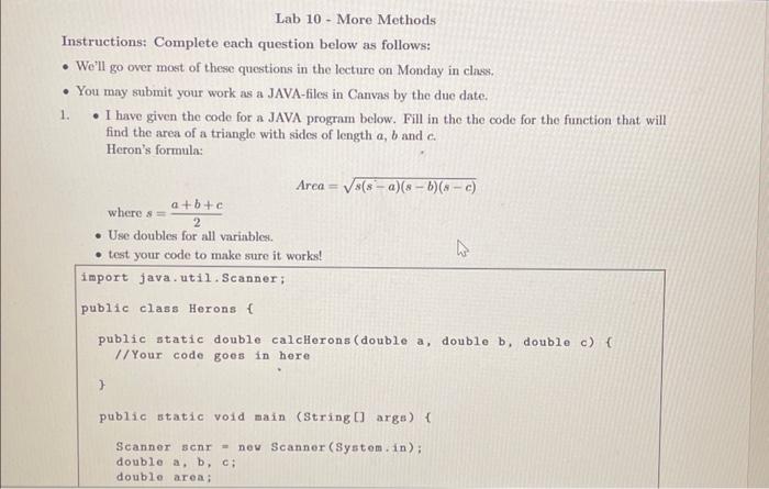 Solved Lab 10 - More Methods Instructions: Complete Each | Chegg.com