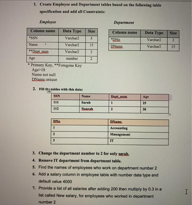 Solved 1. Create Employee and Department tables based on the | Chegg.com