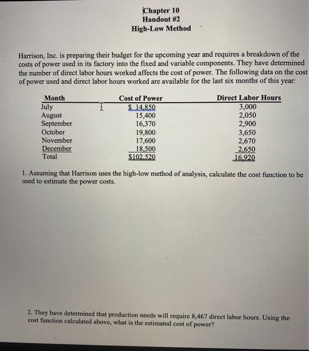 Solved Chapter 10 Handout #2 High-Low Method Harrison, Inc. | Chegg.com