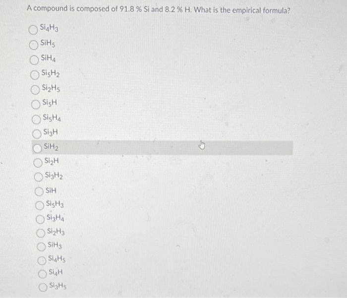 Solved A compound is composed of 91.8% Si and 8.2%H. What is | Chegg.com