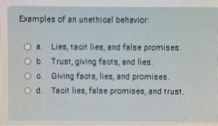 Solved Examples of an unethical behavior: घ. Lies, tacit | Chegg.com