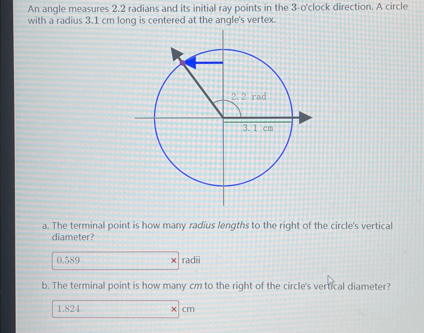 Solved An angle measures 2.2 ﻿radians and its initial ray | Chegg.com