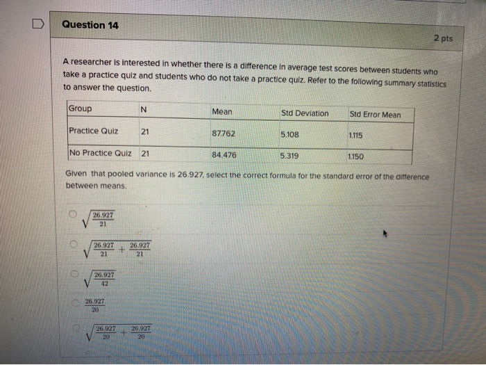 Solved Question 14 2 pts A researcher is interested in | Chegg.com
