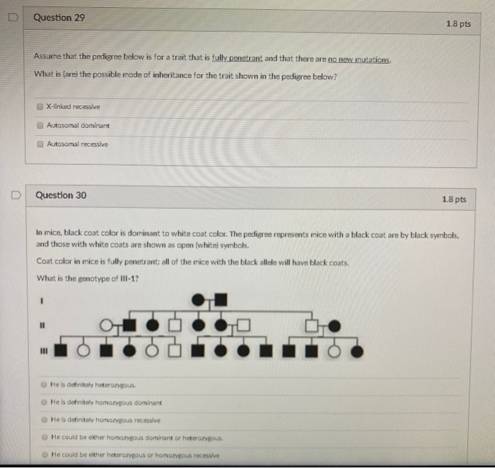 Solved Question 29 1.8 pts Assume that the pedigree below is | Chegg.com