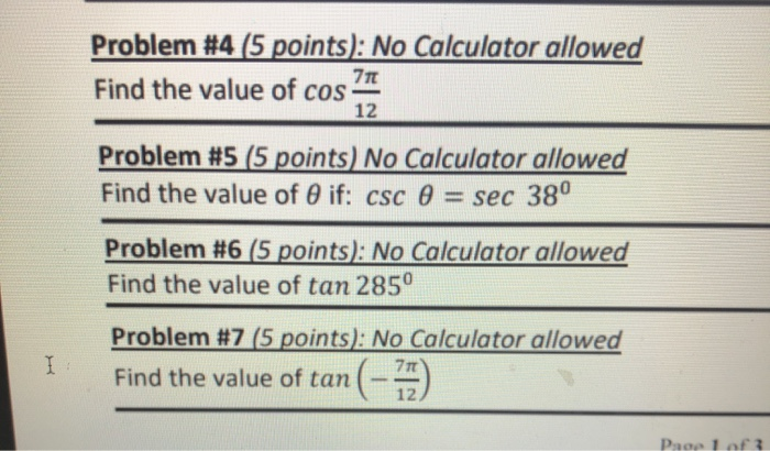 Solved Problem #4 (5 points): No Calculator allowed Find the | Chegg.com