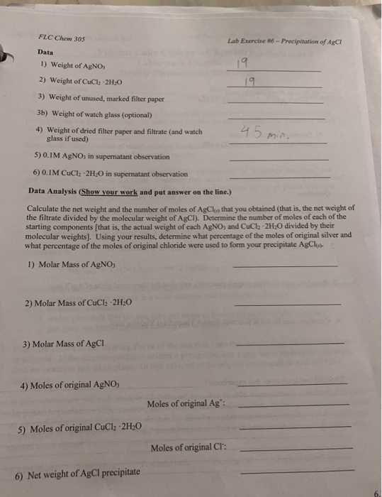 FLC Chem 305 Lab Exercise #6 - Precipitation of AgCI | Chegg.com