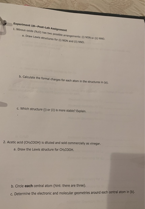 Solved Experiment 18-Post-Lab Assignment 1. Nitrous oxide | Chegg.com