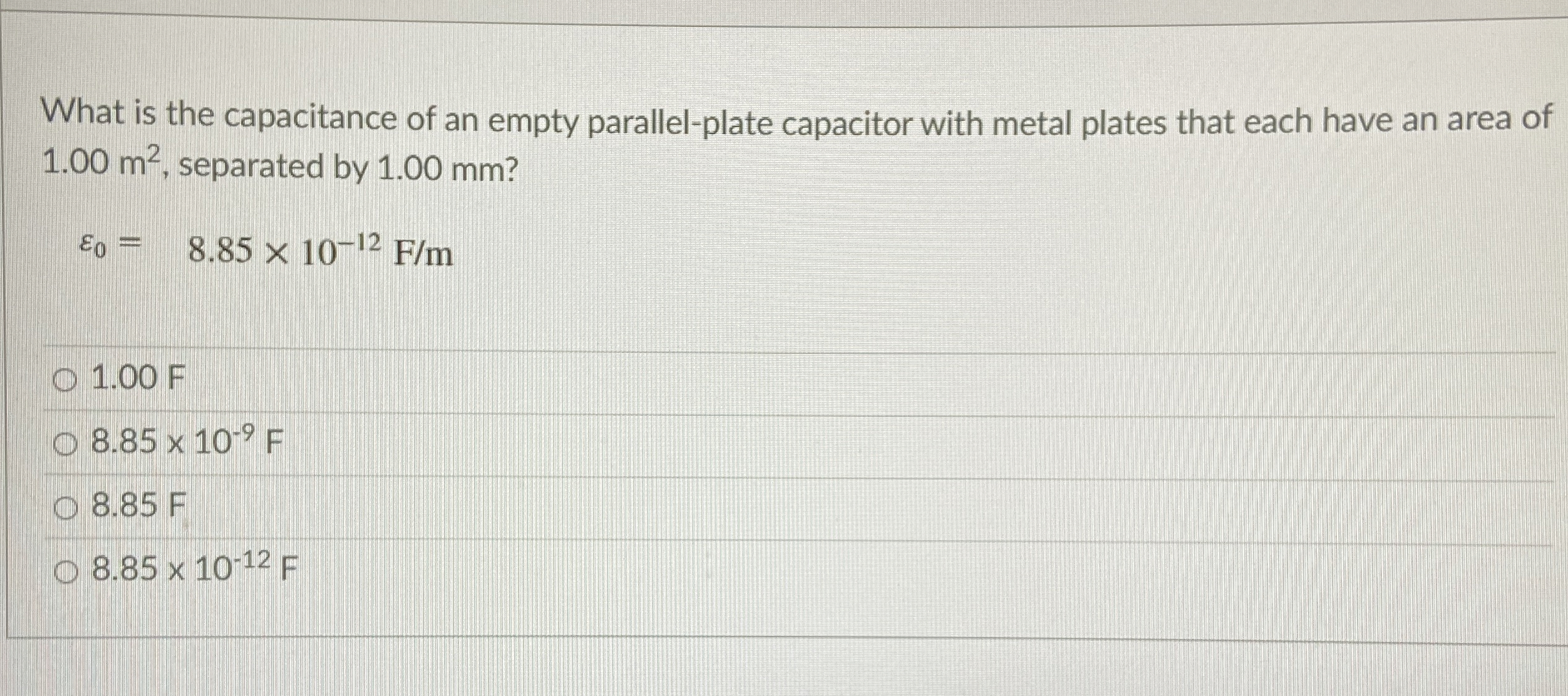 Solved What is the capacitance of an empty parallelplate