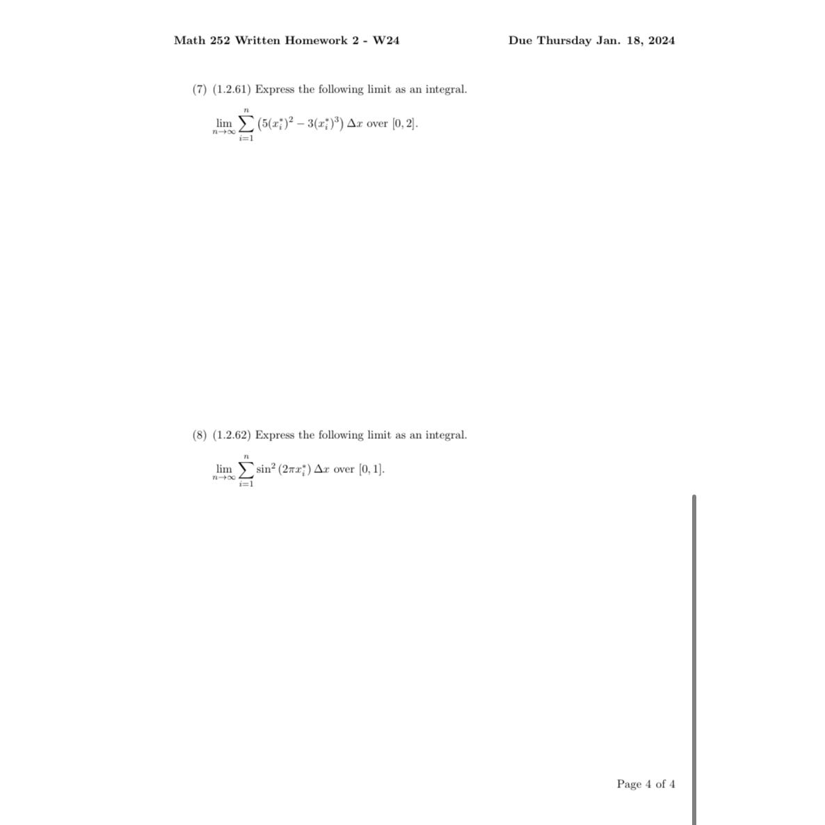 Solved Math 252 ﻿Written Homework 2 - ﻿W24Due Thursday Jan. | Chegg.com