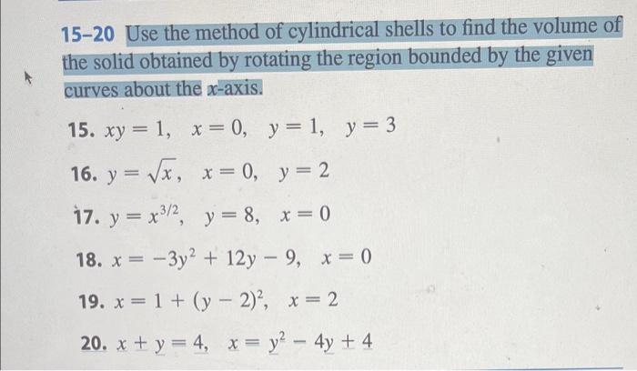 Solved 15-20 Use the method of cylindrical shells to find | Chegg.com