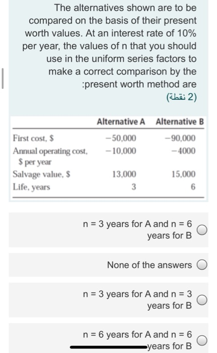 solved-the-alternatives-shown-are-to-be-compared-on-the-chegg