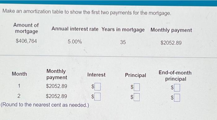 Make an amortization table to show the first two payments for the mortgage.