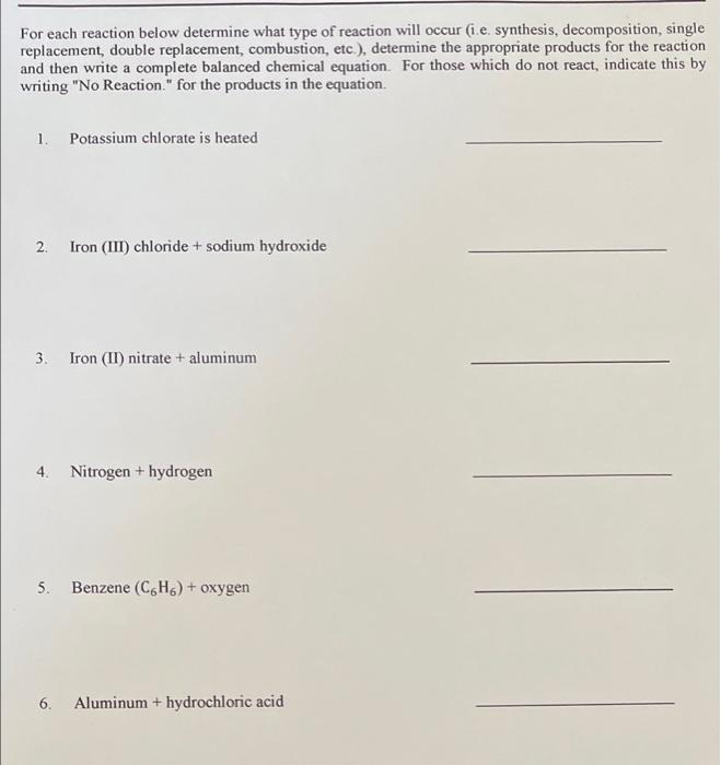 Solved For each reaction below determine what type of | Chegg.com