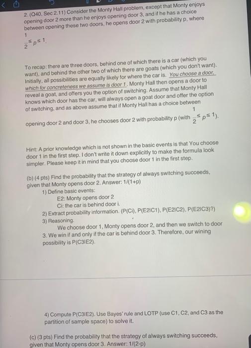 Solved 2. (040, Sec 2.11) Consider The Monty Hall Problem, | Chegg.com