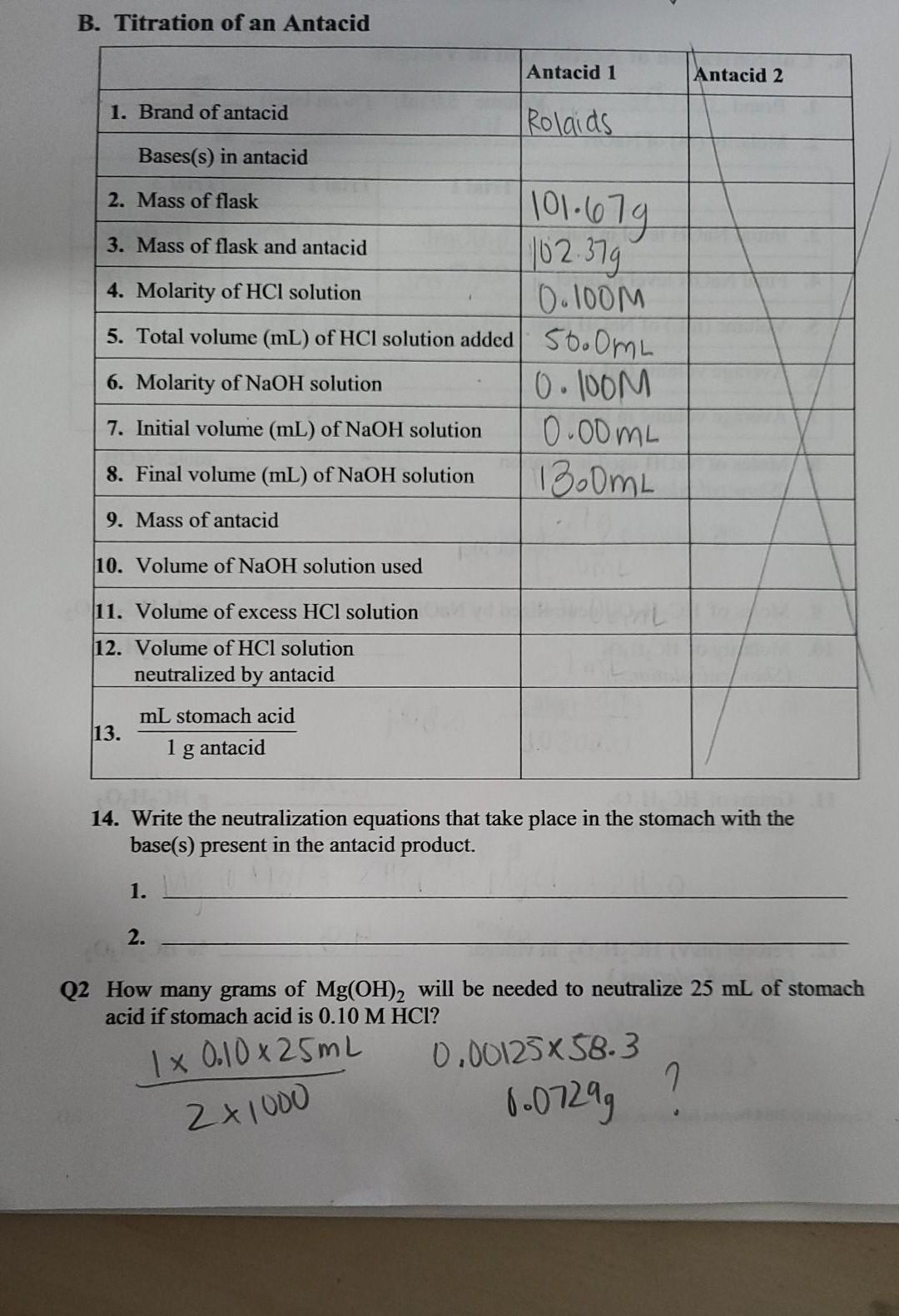 Solved B. Titration of an Antacid Antacid 1 Antacid 2 1.