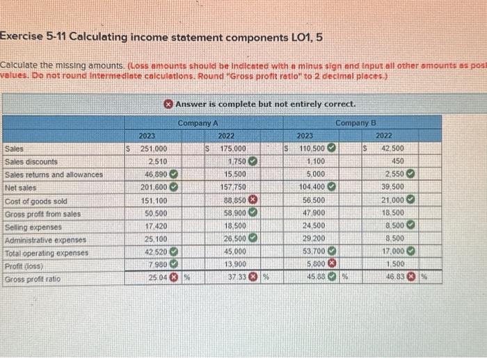 Solved Exercise 5-11 Calculating income statement components | Chegg.com
