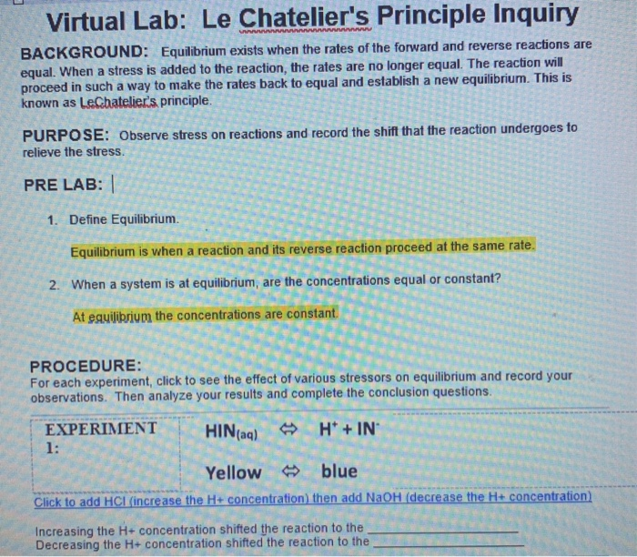 Solved Virtual Lab Le Chatelier's Principle Inquiry