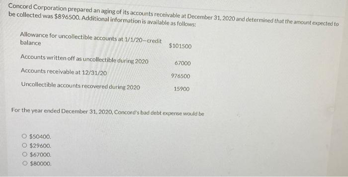 Solved Concord Corporation prepared an aging of its accounts | Chegg.com