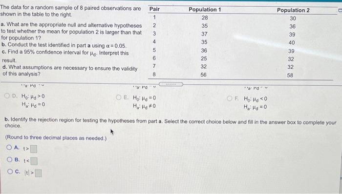 Solved The data for a random sample of 8 paired observations | Chegg.com