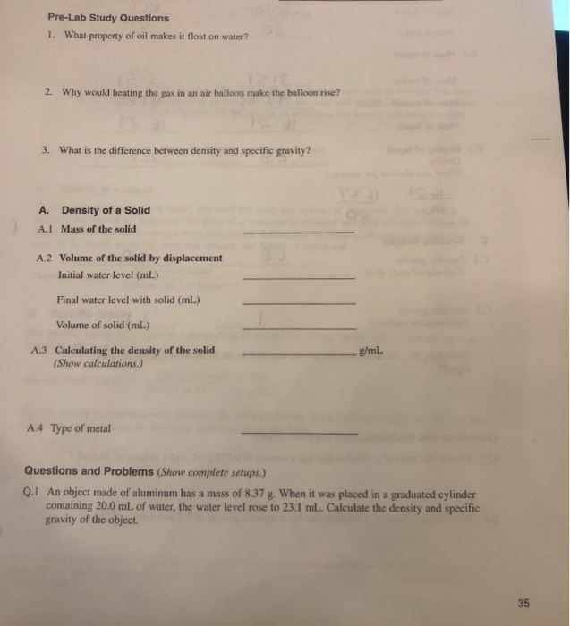 Solved Pre Lab Study Questions 1 What Property Of Oil Ma Chegg Com