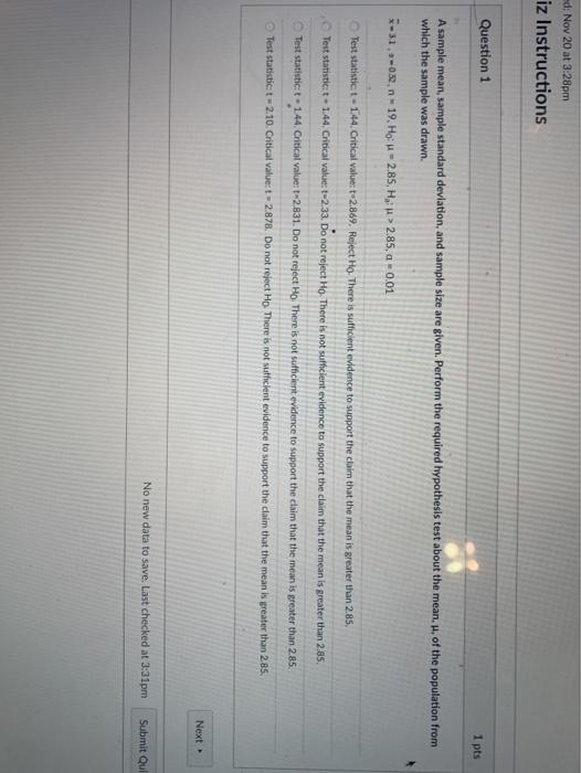 Solved ed: Nov 20 at 3:28pm iz Instructions Question 1 1 pts | Chegg.com