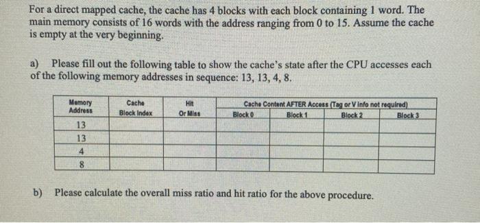 Solved For a direct mapped cache, the cache has 4 blocks | Chegg.com