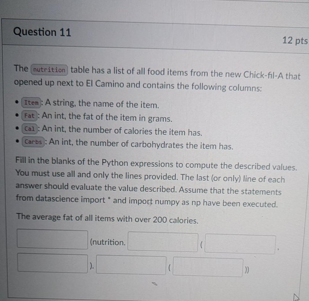 Solved Question 9 10 pts The nutrition table has a list of | Chegg.com
