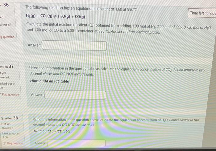 The following reaction has an equilibrium constant of | Chegg.com