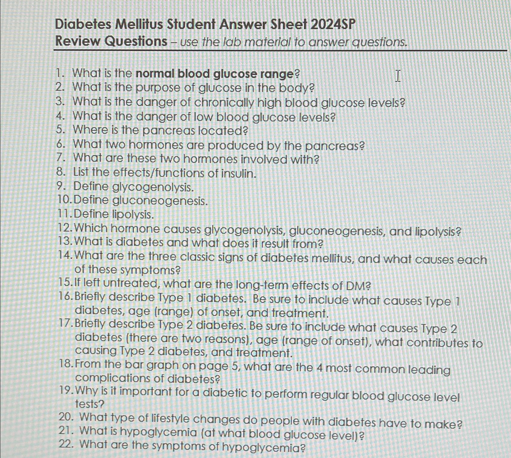 Solved Diabetes Mellitus Student Answer Sheet 2024SPReview | Chegg.com