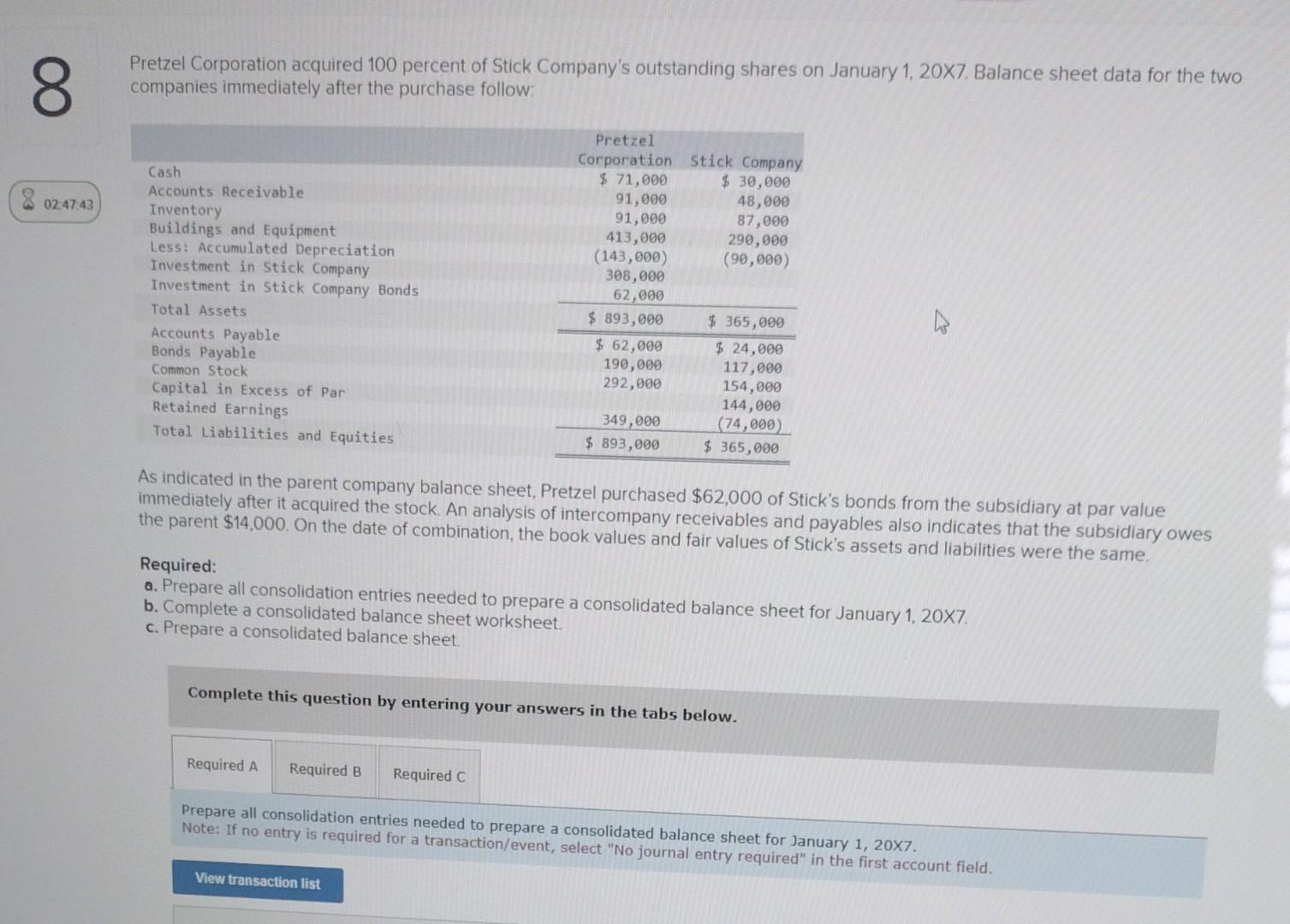 Solved Pretzel Corporation acquired 100 percent of Stick