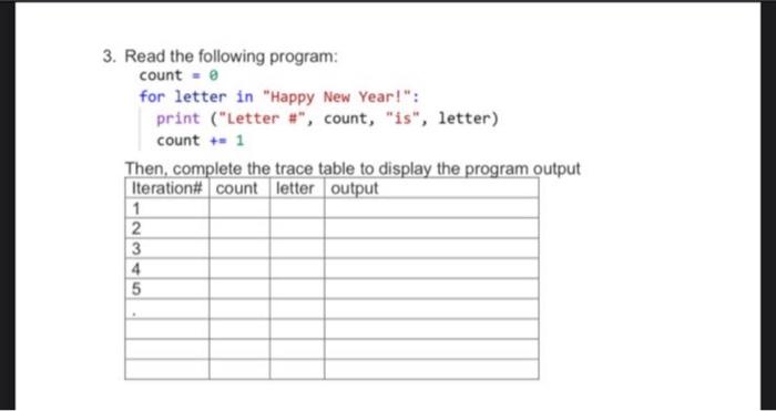 Solved 3. Read the following program: count = 0 for letter | Chegg.com
