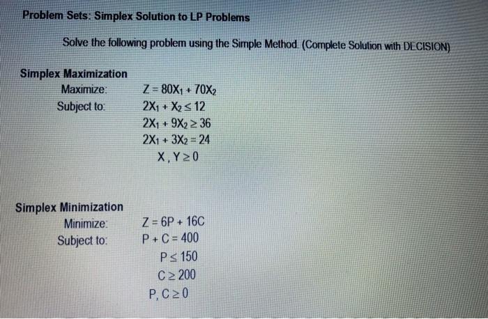 Solved Problem Sets: Simplex Solution to LP Problems Solve | Chegg.com