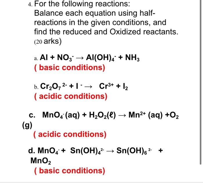 Solved 4. For the following reactions: Balance each equation | Chegg.com