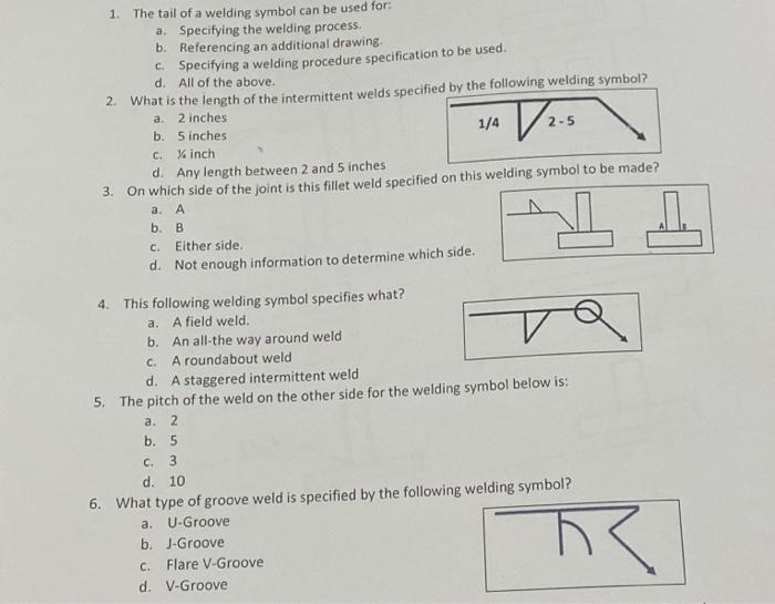 Solved 1. The tail of a welding symbol can be used for: a. | Chegg.com