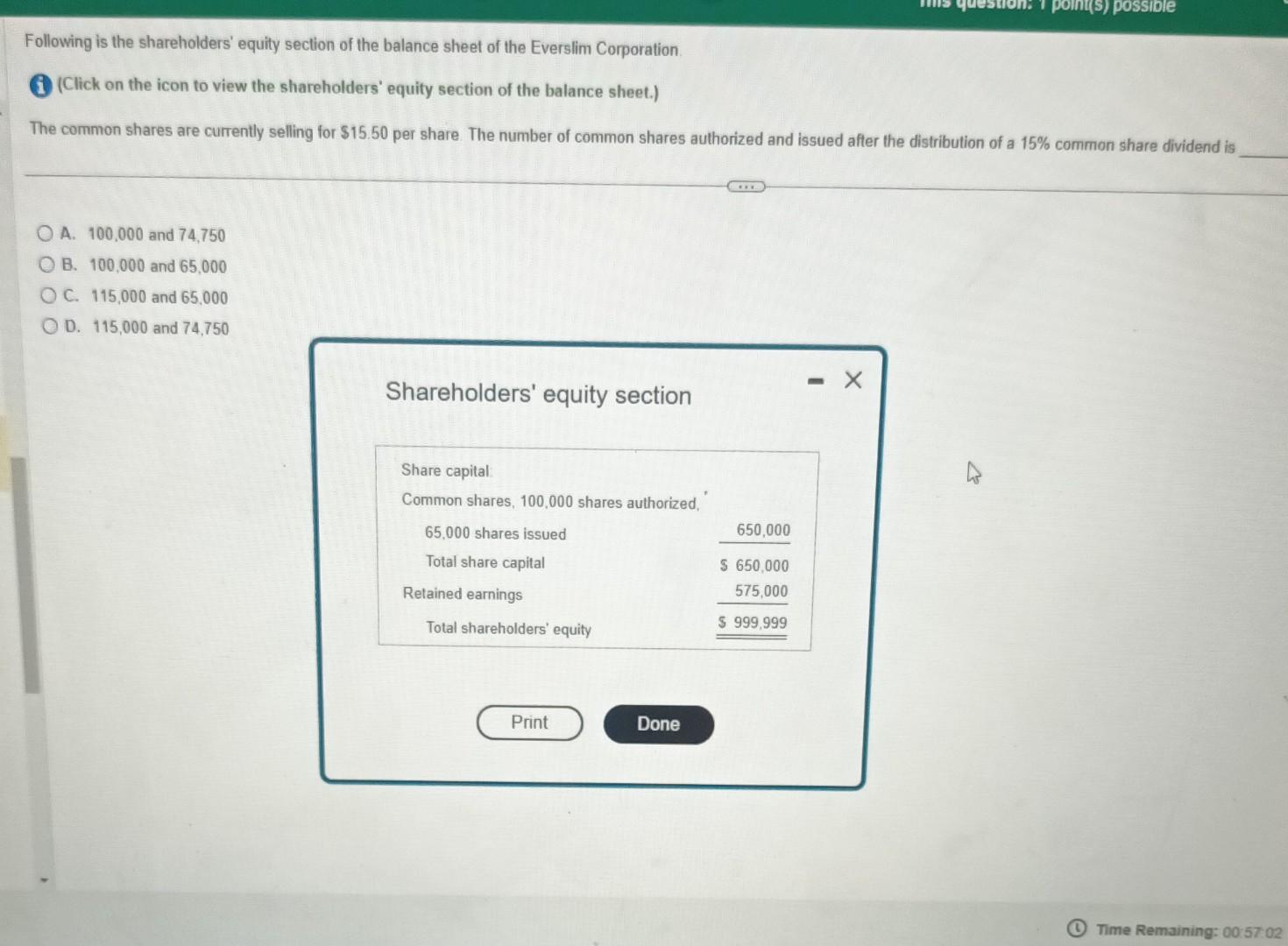 Solved Following Is The Shareholders' Equity Section Of The | Chegg.com