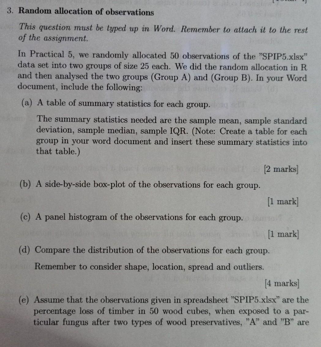 Solved 3. Random allocation of observations This question | Chegg.com