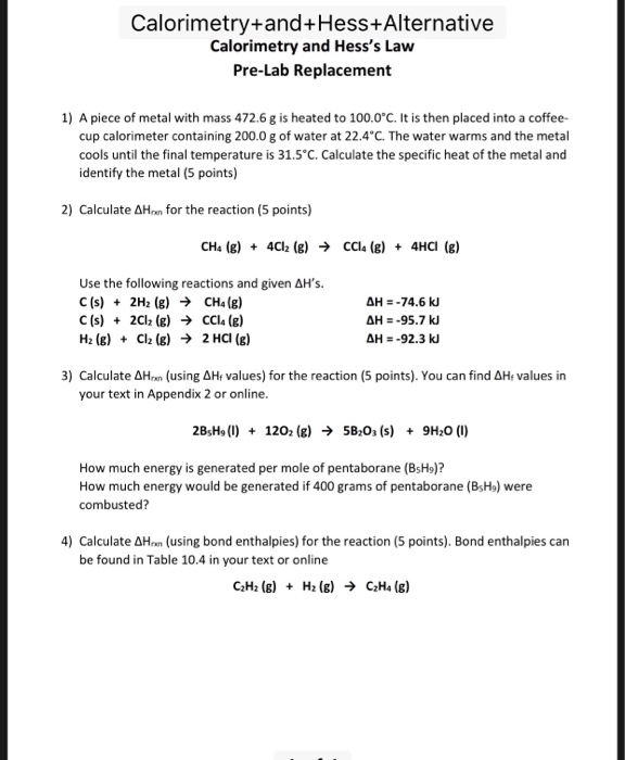 Solved Calorimetry+and+Hess+Alternative Calorimetry and
